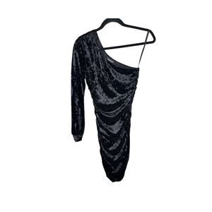 Bebe Crushed Velvet One Shoulder Mini Dress XS Black Long Sleeve Ruched Bodycon